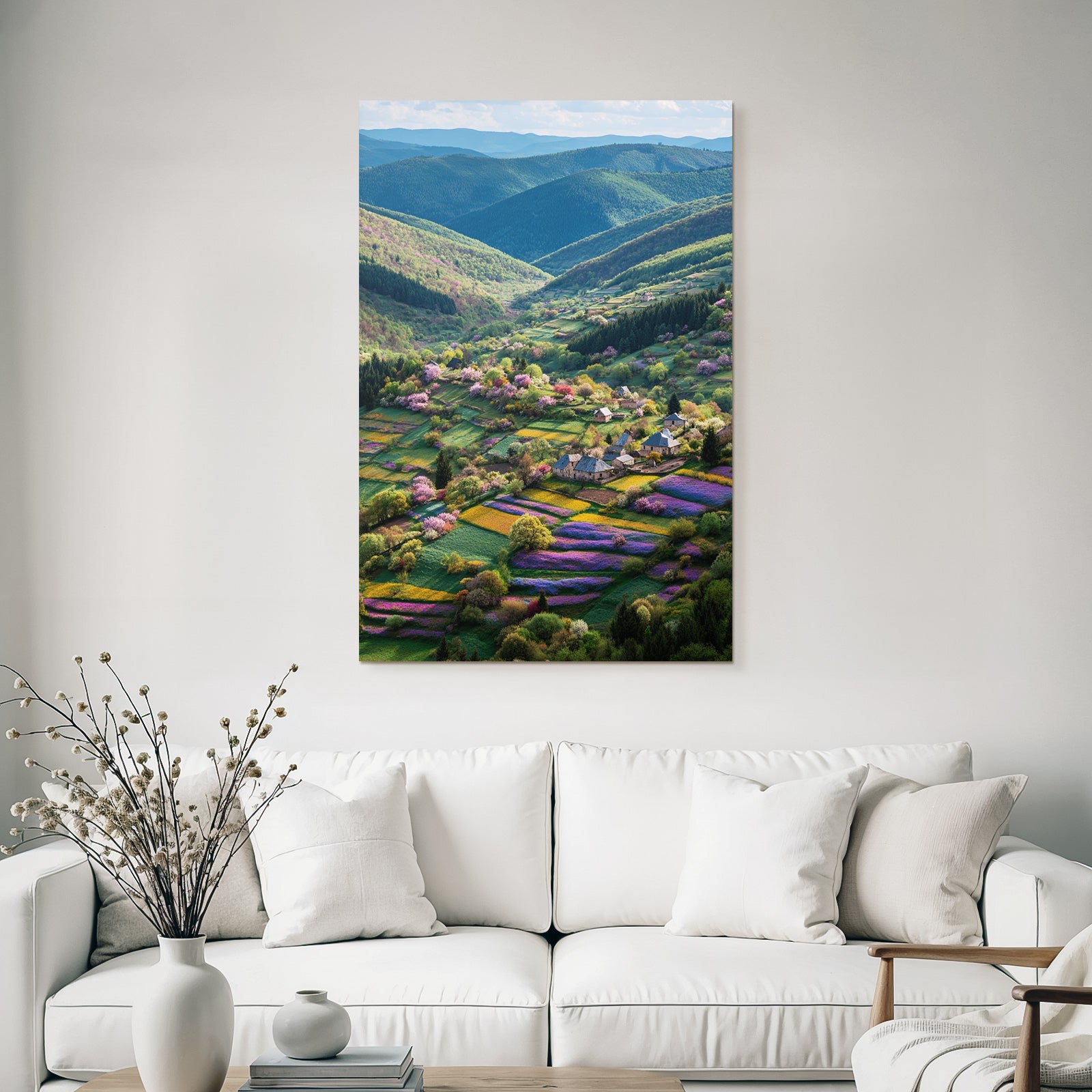 Malerische Landschaft Florale Felder Hügel Und Häuser