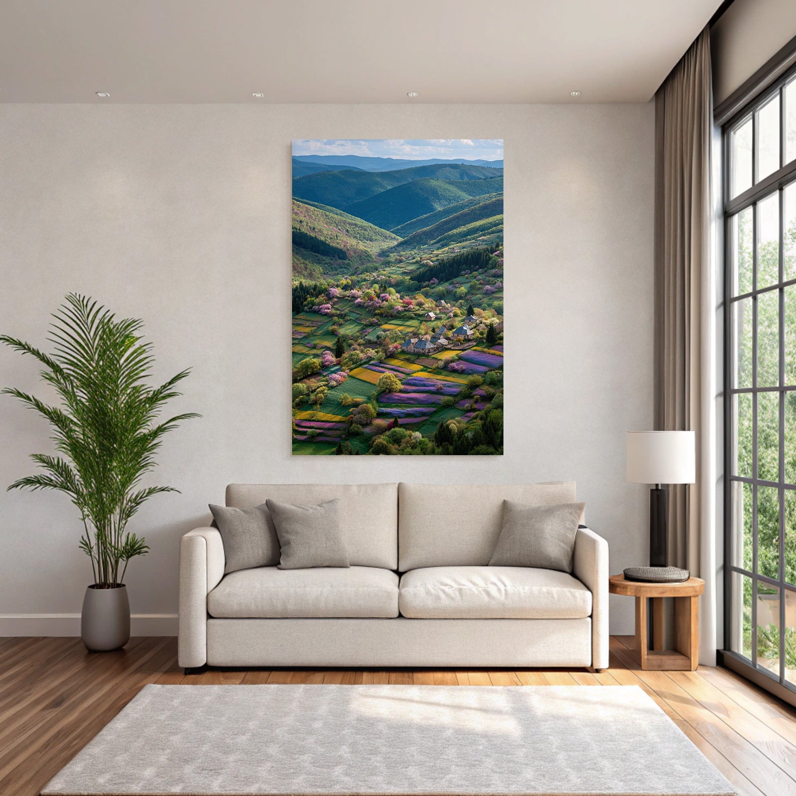 Malerische Landschaft Florale Felder Hügel Und Häuser