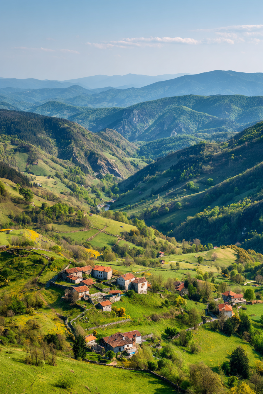 Malerische Landschaft Grüne Höhen Und Tal Mit Traditionellen Häusern | Fruehling | Jahreszeiten