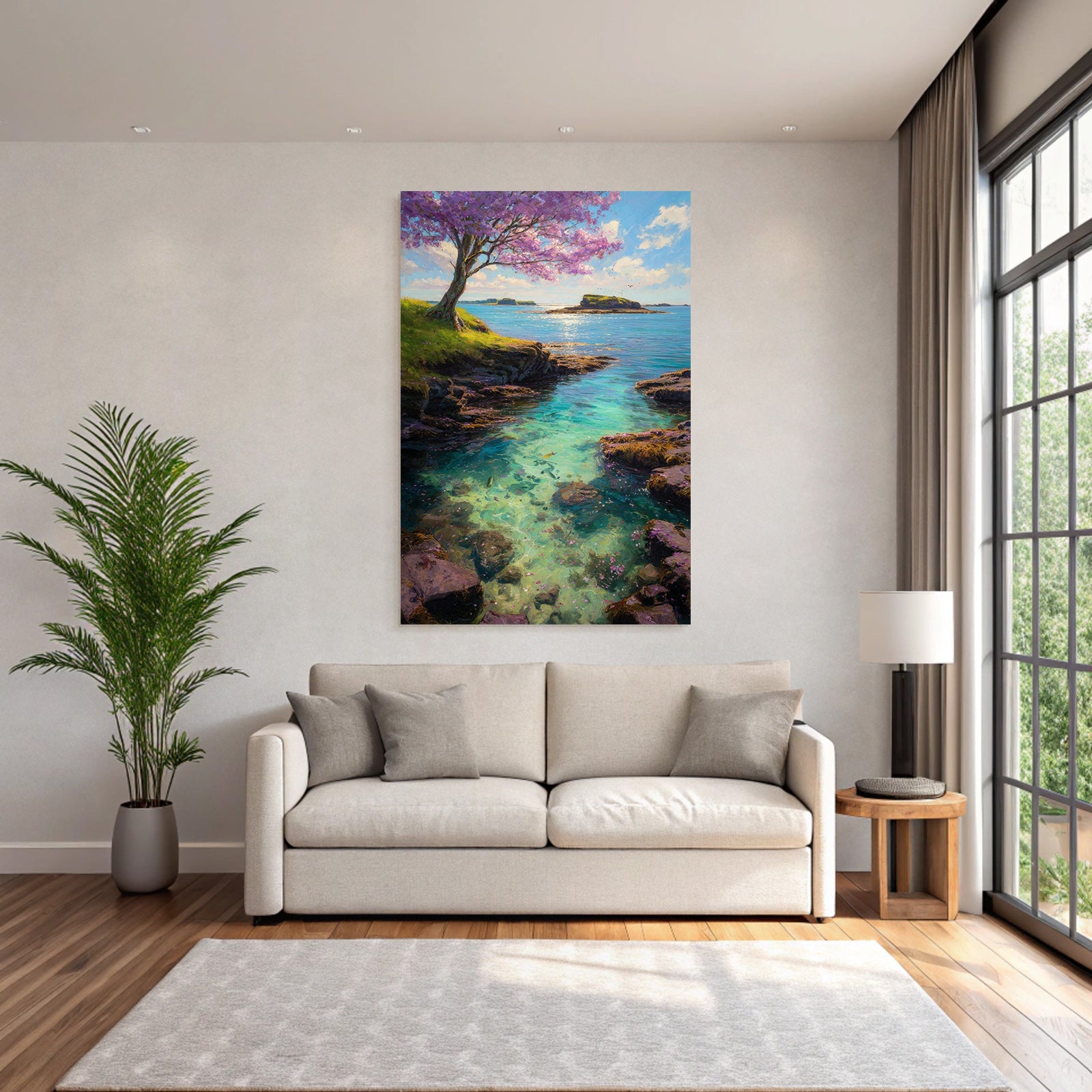 Ruhige Landschaft Mit Wasser Und Blühendem Baum