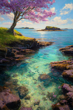 Ruhige Landschaft Mit Wasser Und Blühendem Baum | Fruehling | Jahreszeiten