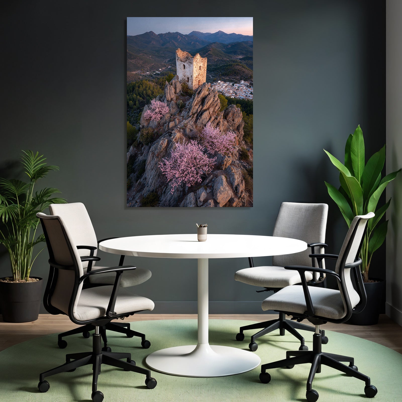 Ruinierter Turm Auf Felsen Umgeben Von Bluhenden Rosa Baumern Mit Dorfdurchblick