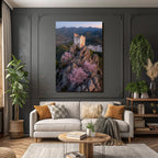 Ruinierter Turm Auf Felsen Umgeben Von Bluhenden Rosa Baumern Mit Dorfdurchblick