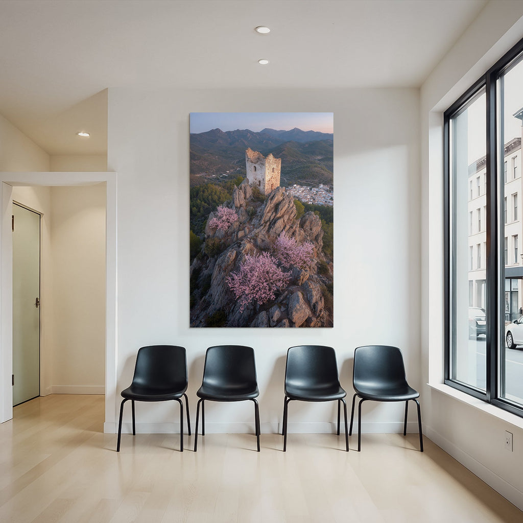 Ruinierter Turm Auf Felsen Umgeben Von Bluhenden Rosa Baumern Mit Dorfdurchblick