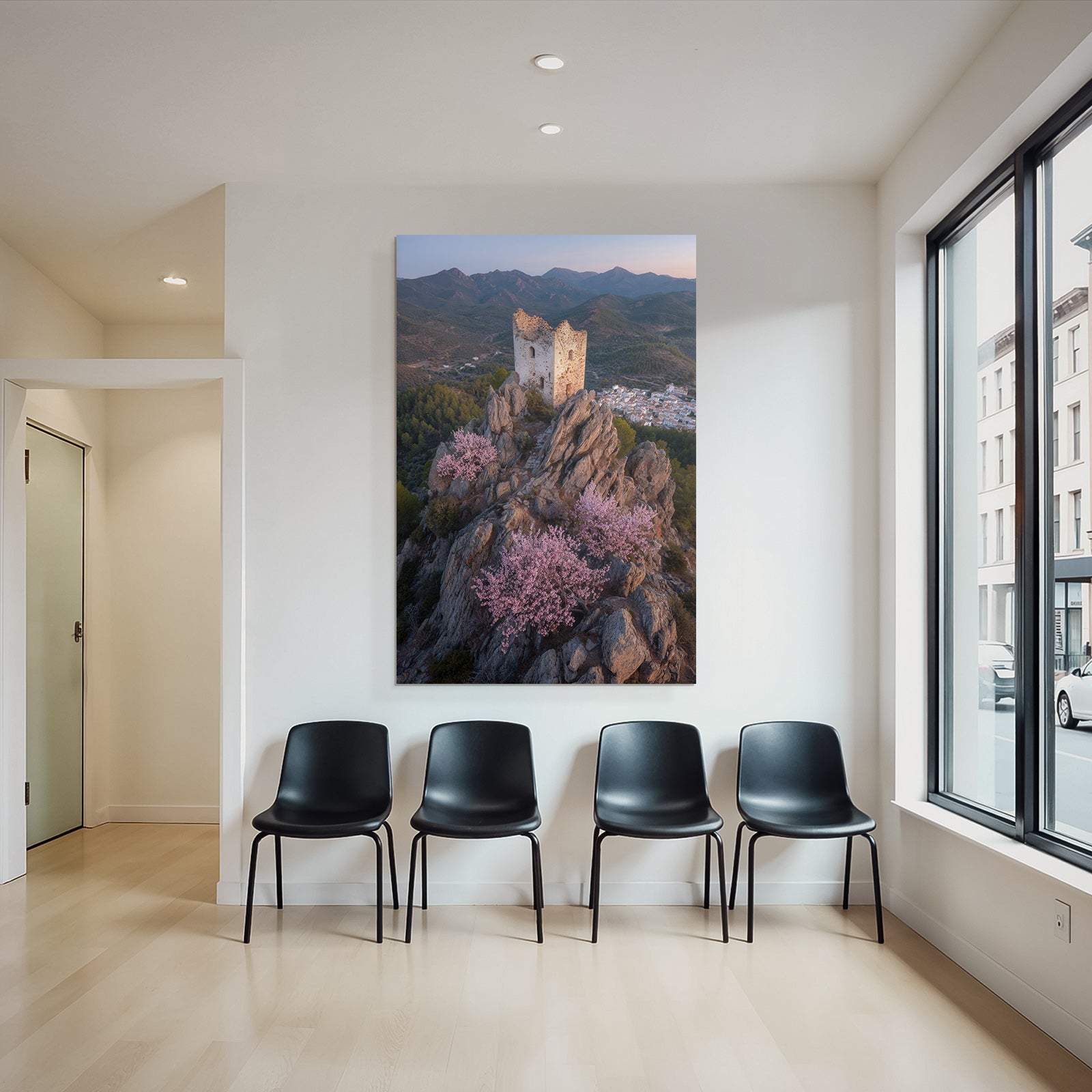 Ruinierter Turm Auf Felsen Umgeben Von Bluhenden Rosa Baumern Mit Dorfdurchblick