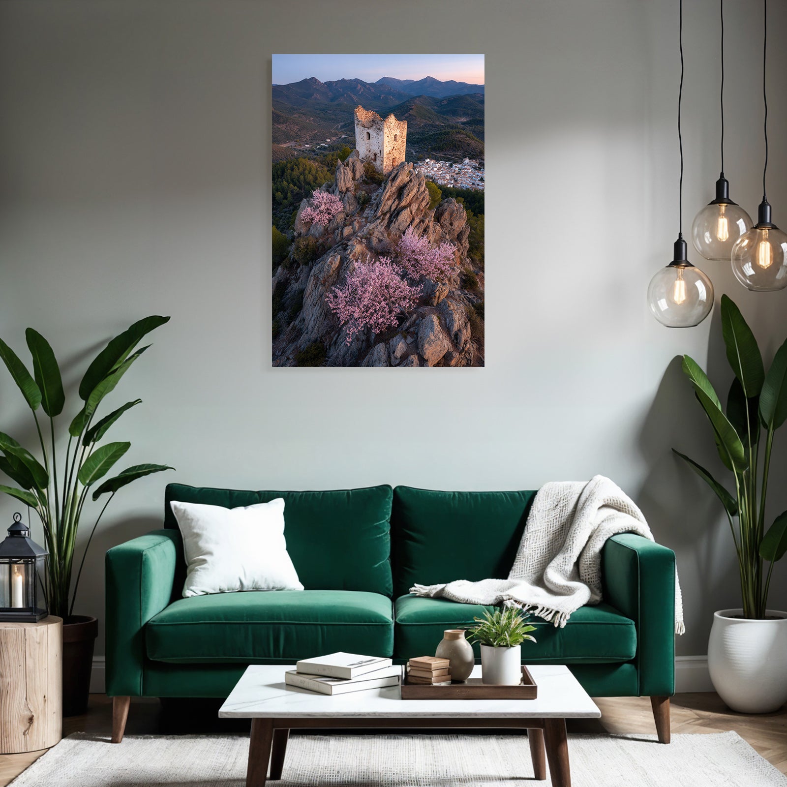 Ruinierter Turm Auf Felsen Umgeben Von Bluhenden Rosa Baumern Mit Dorfdurchblick