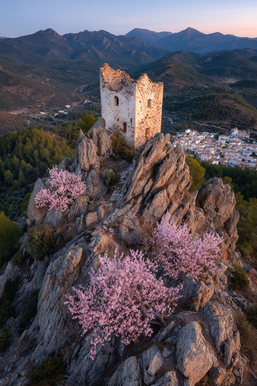 Ruinierter Turm Auf Felsen Umgeben Von Bluhenden Rosa Baumern Mit Dorfdurchblick | Fruehling | Jahreszeiten