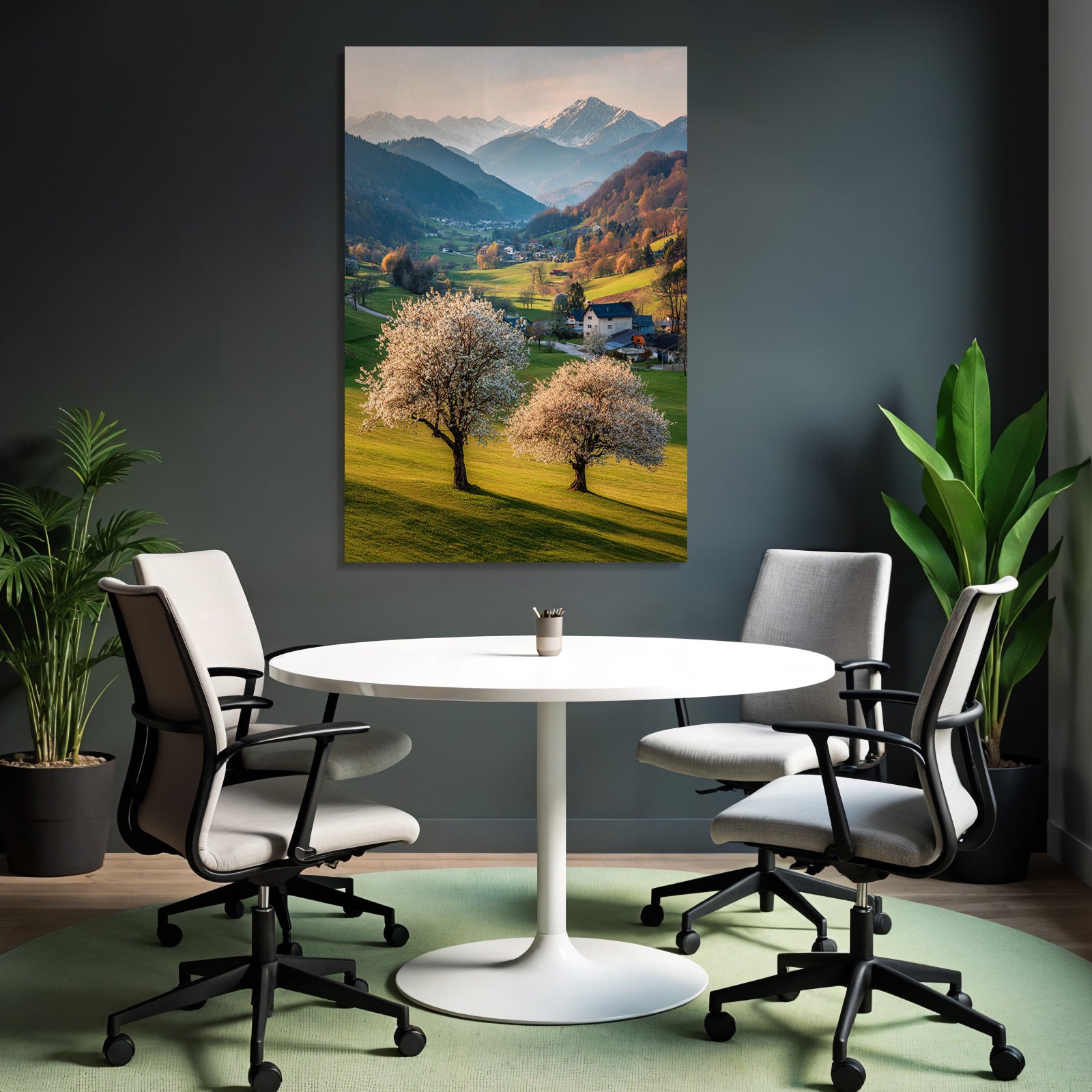 Schöne Landschaft Rollende Grüne Hügel Blühende Bäume Bergkette Mit Weichem Licht