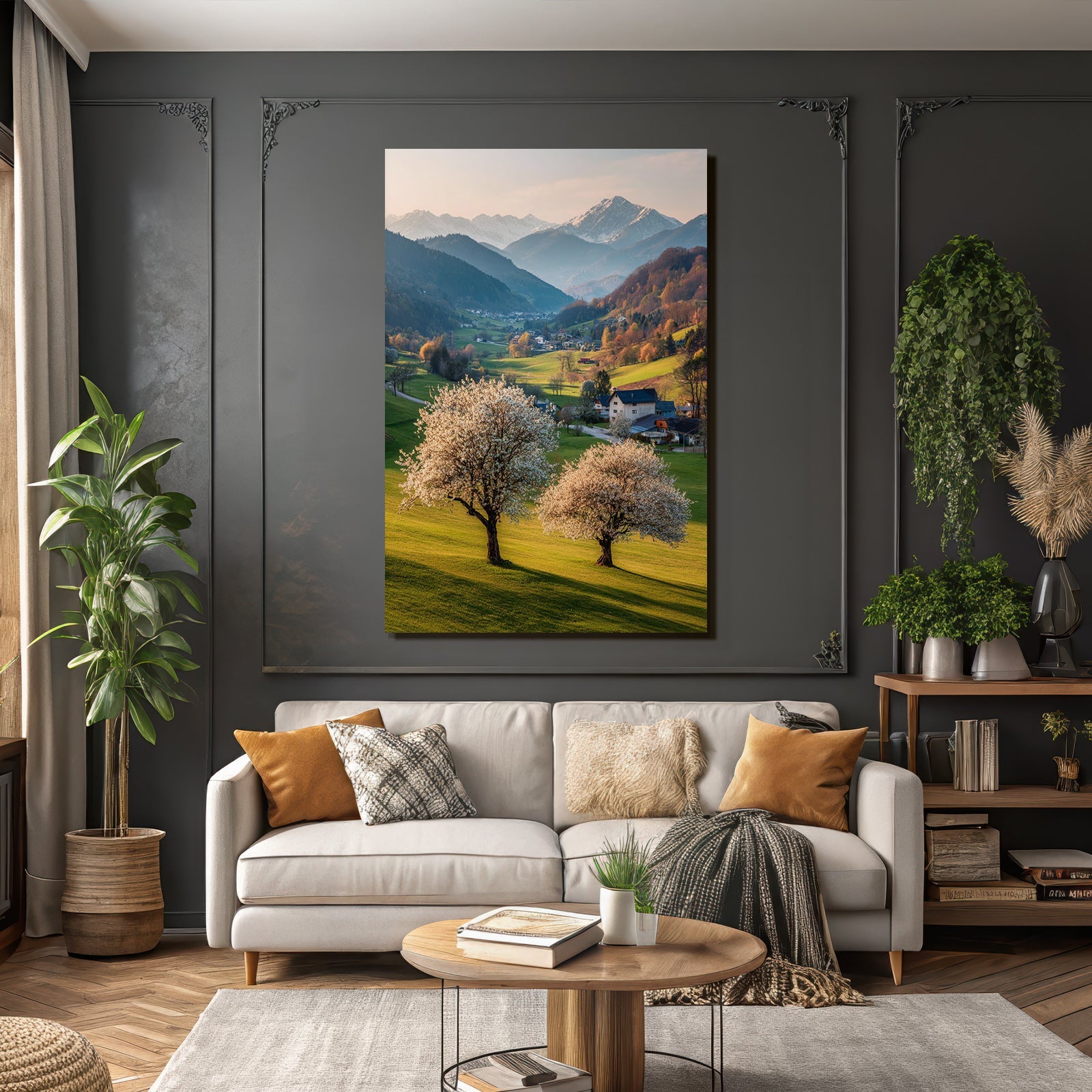 Schöne Landschaft Rollende Grüne Hügel Blühende Bäume Bergkette Mit Weichem Licht