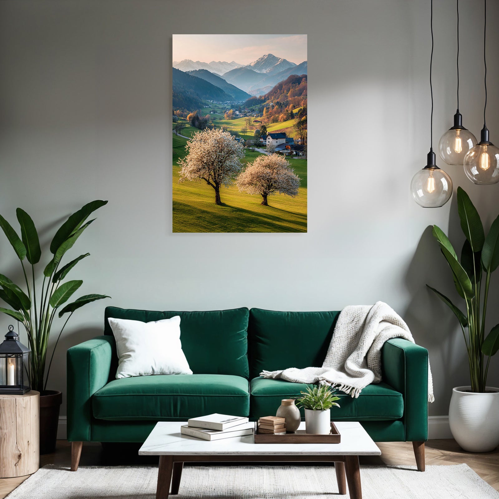 Schöne Landschaft Rollende Grüne Hügel Blühende Bäume Bergkette Mit Weichem Licht
