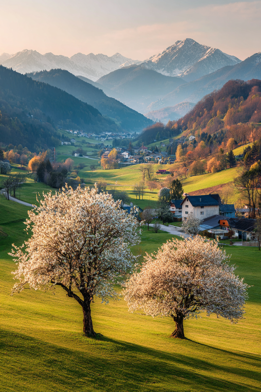 Schöne Landschaft Rollende Grüne Hügel Blühende Bäume Bergkette Mit Weichem Licht | Fruehling | Jahreszeiten