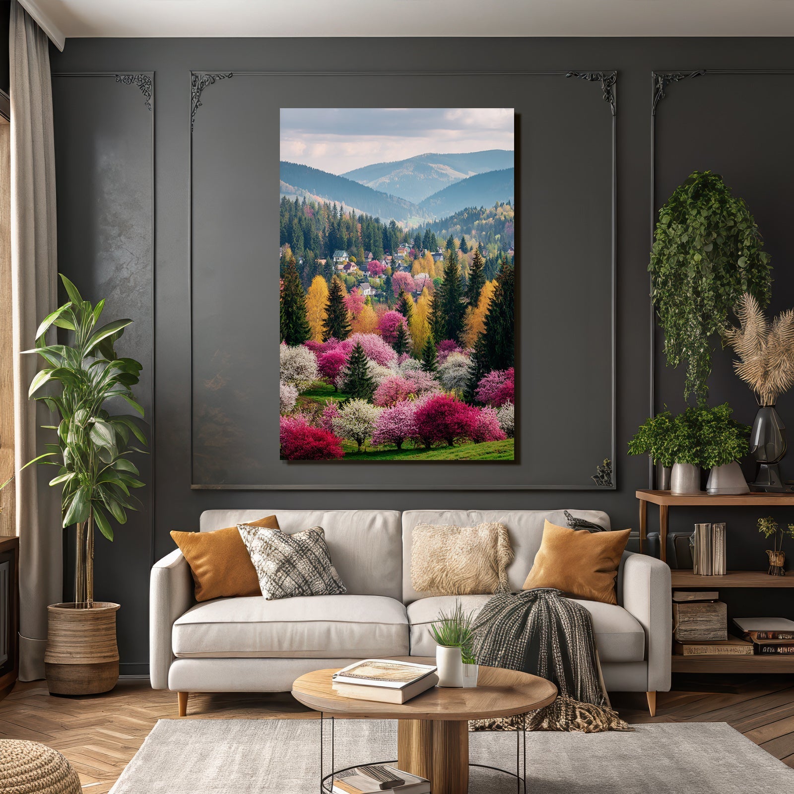 Vibrante Landschaft Mit Bäumen Und Häusern Im Frühling