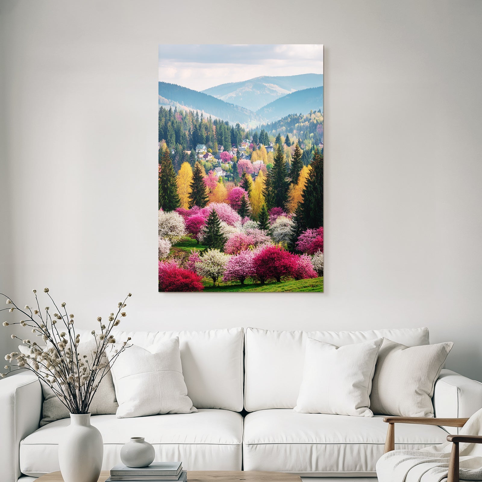 Vibrante Landschaft Mit Bäumen Und Häusern Im Frühling