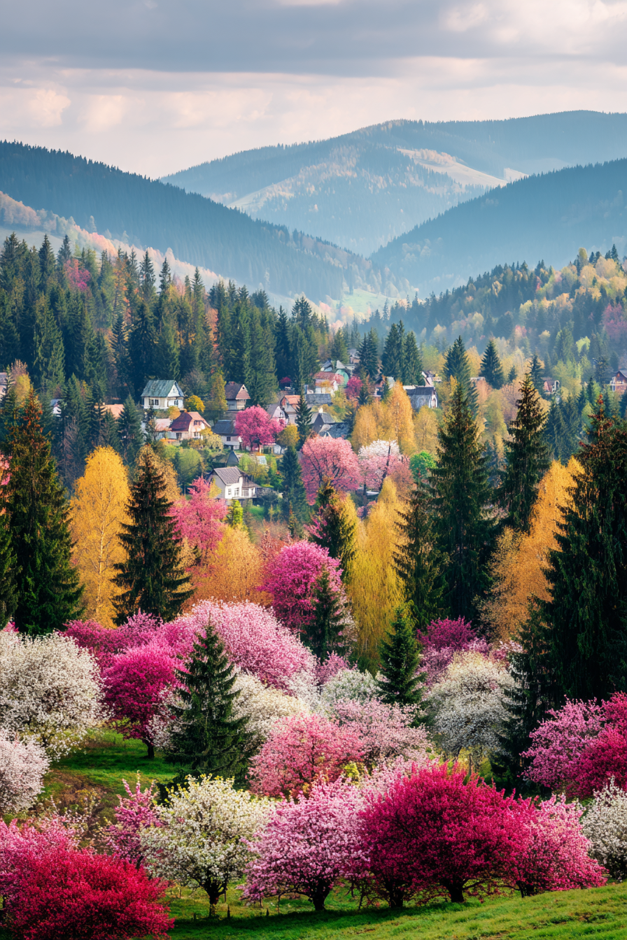 Vibrante Landschaft Mit Bäumen Und Häusern Im Frühling | Fruehling | Jahreszeiten