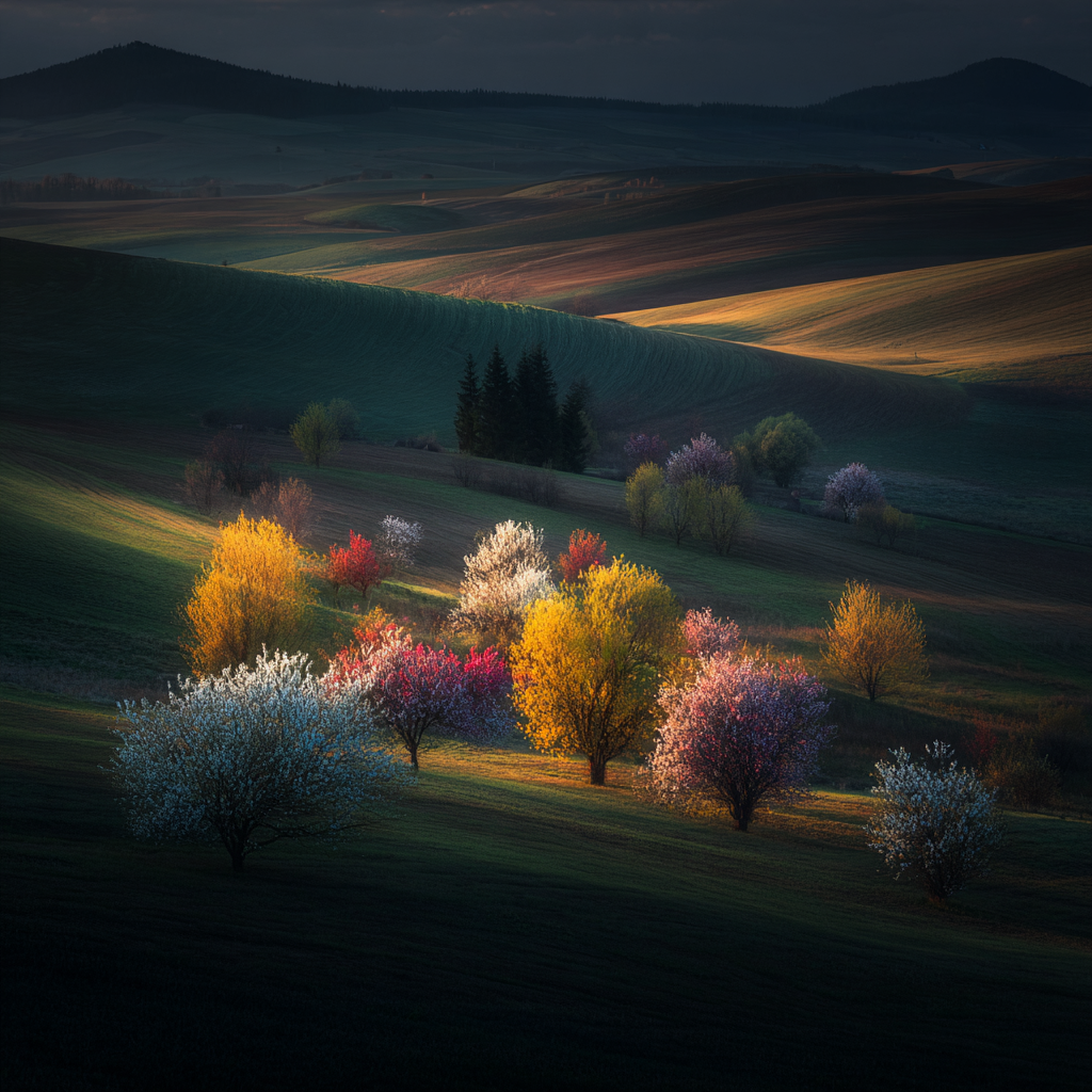Blühende Bäume Im Auf Hügeln Mit Farbenfrohem Landschaft | Fruehling | Jahreszeiten