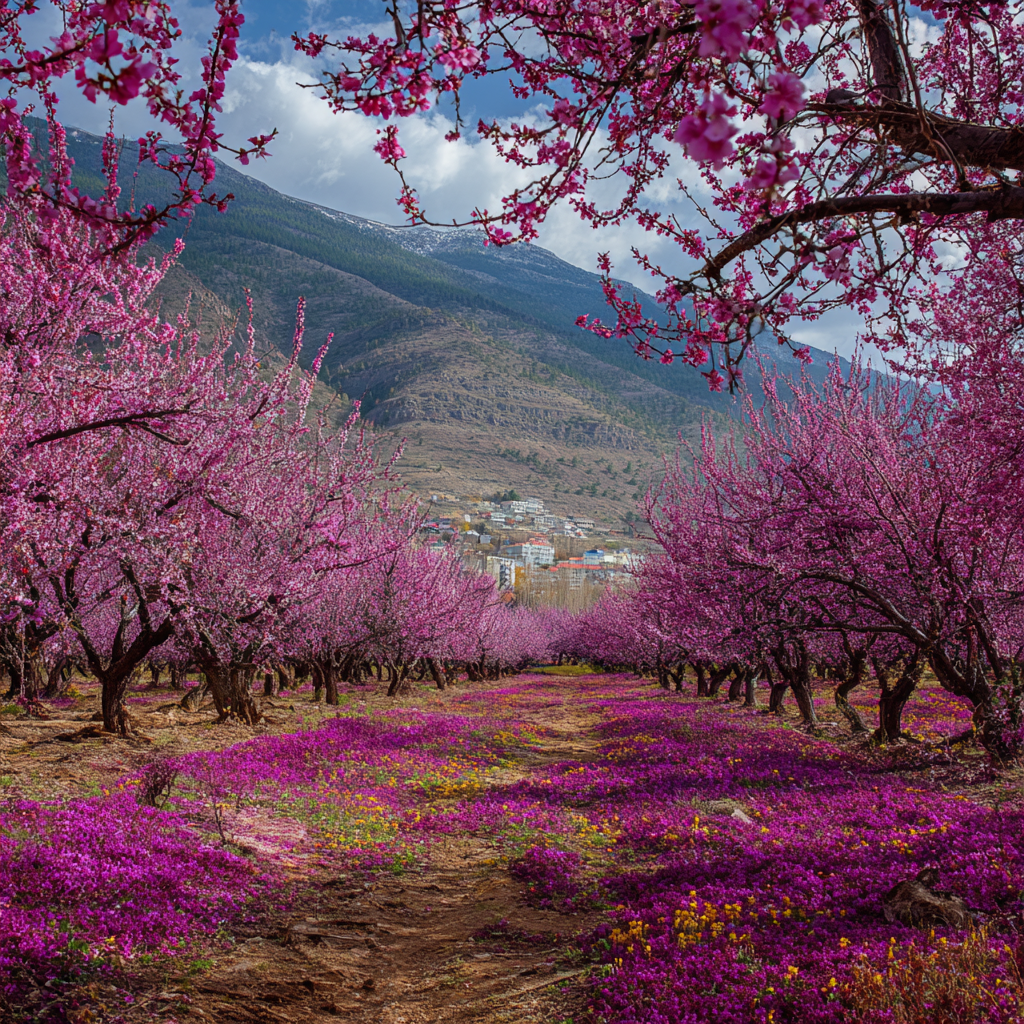 Blühende Bäume Pinke Blüten Montagne Hintergrund Blumenwiese | Fruehling | Jahreszeiten