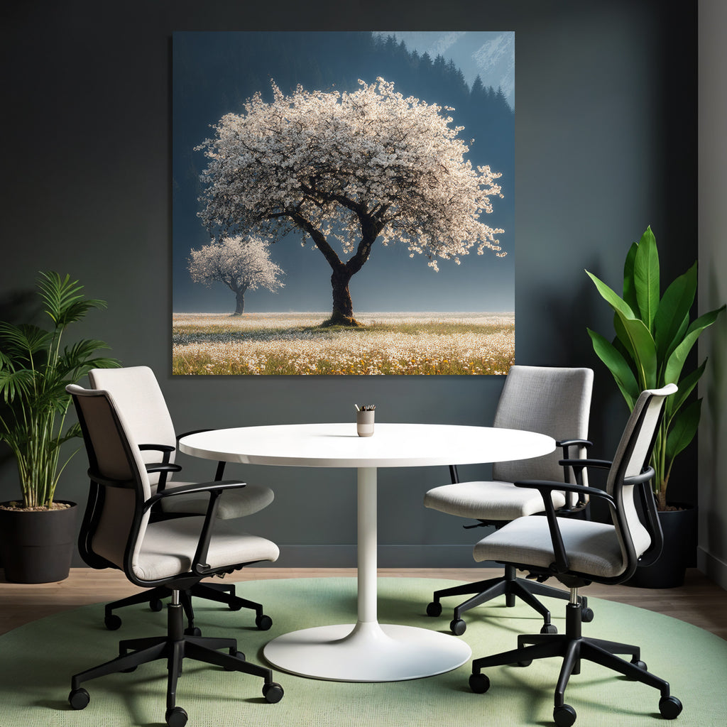Blühende Bäume Springzeit Malerische Landschaft Mit Bergen Und Blumen