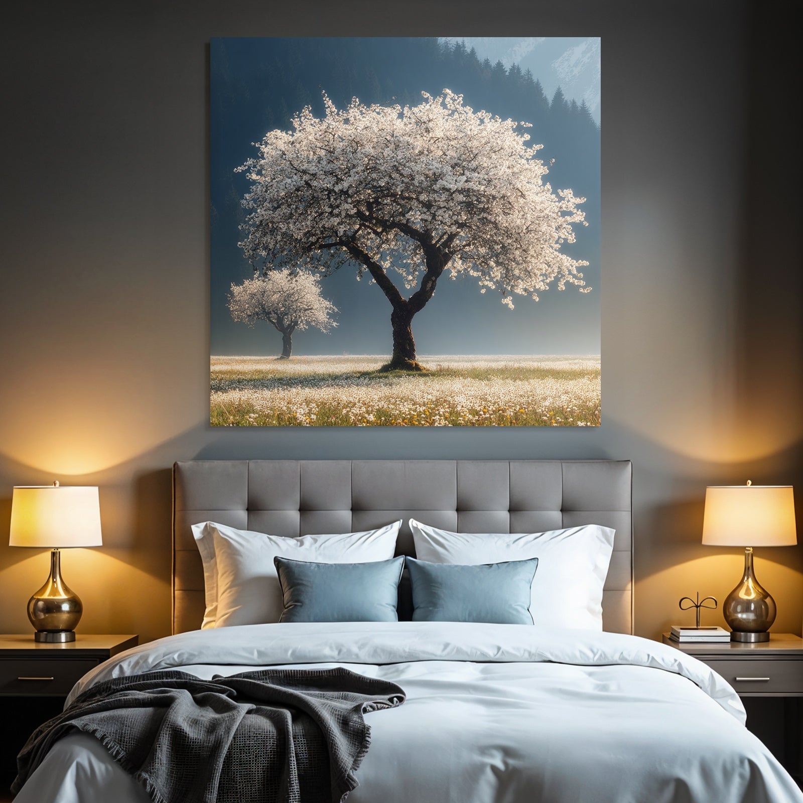 Blühende Bäume Springzeit Malerische Landschaft Mit Bergen Und Blumen