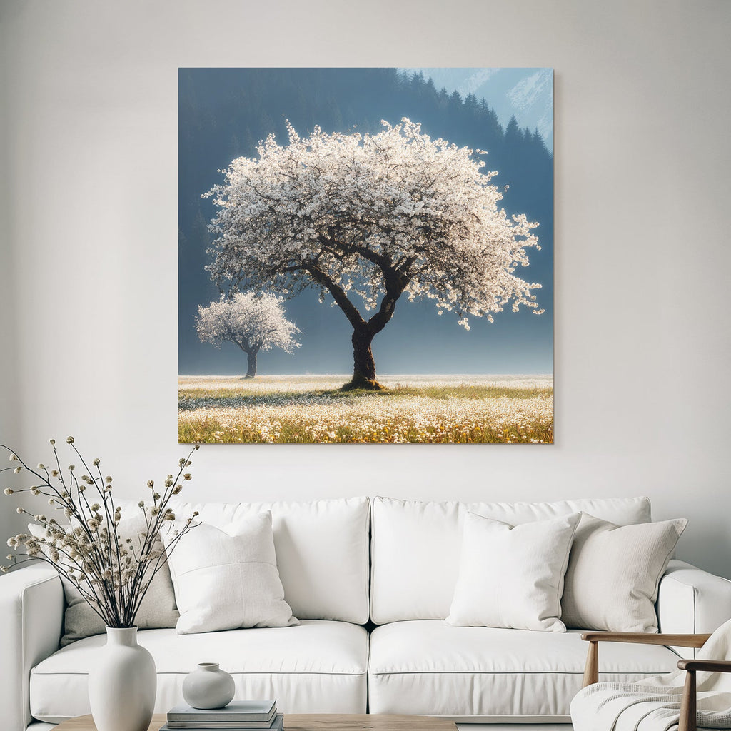 Blühende Bäume Springzeit Malerische Landschaft Mit Bergen Und Blumen