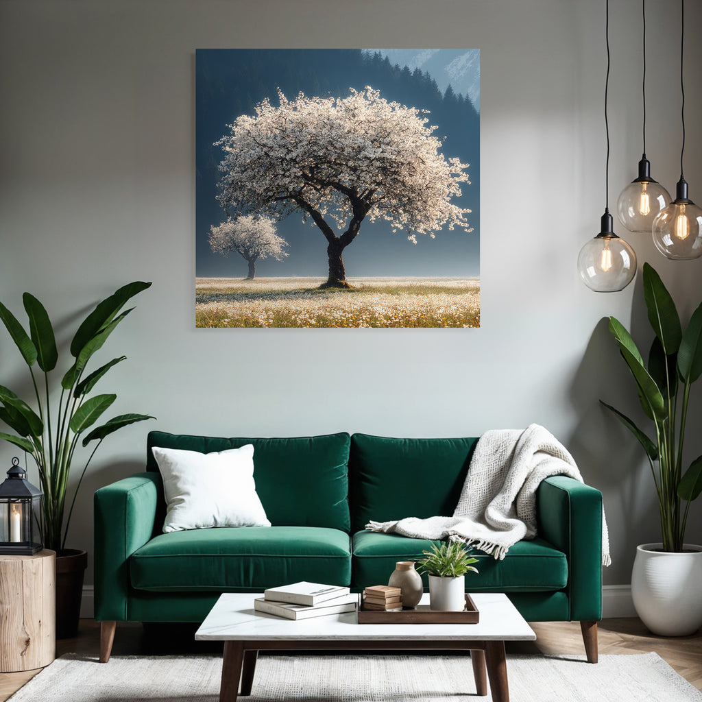 Blühende Bäume Springzeit Malerische Landschaft Mit Bergen Und Blumen