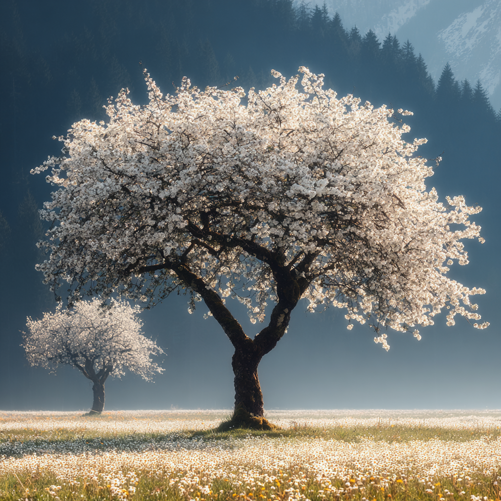 Blühende Bäume Springzeit Malerische Landschaft Mit Bergen Und Blumen | Fruehling | Jahreszeiten