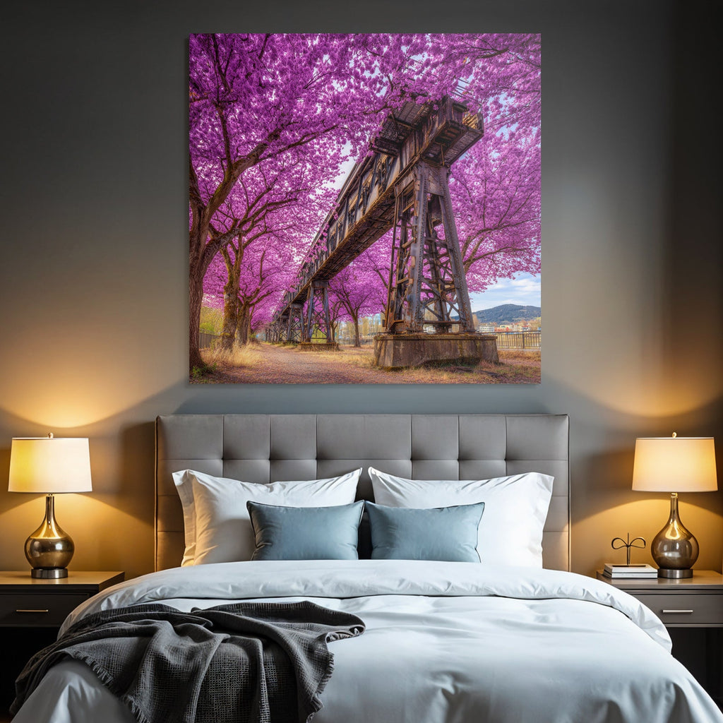 Blühende Bäume Und Alte Eisenbahnbrücke Im Frühling