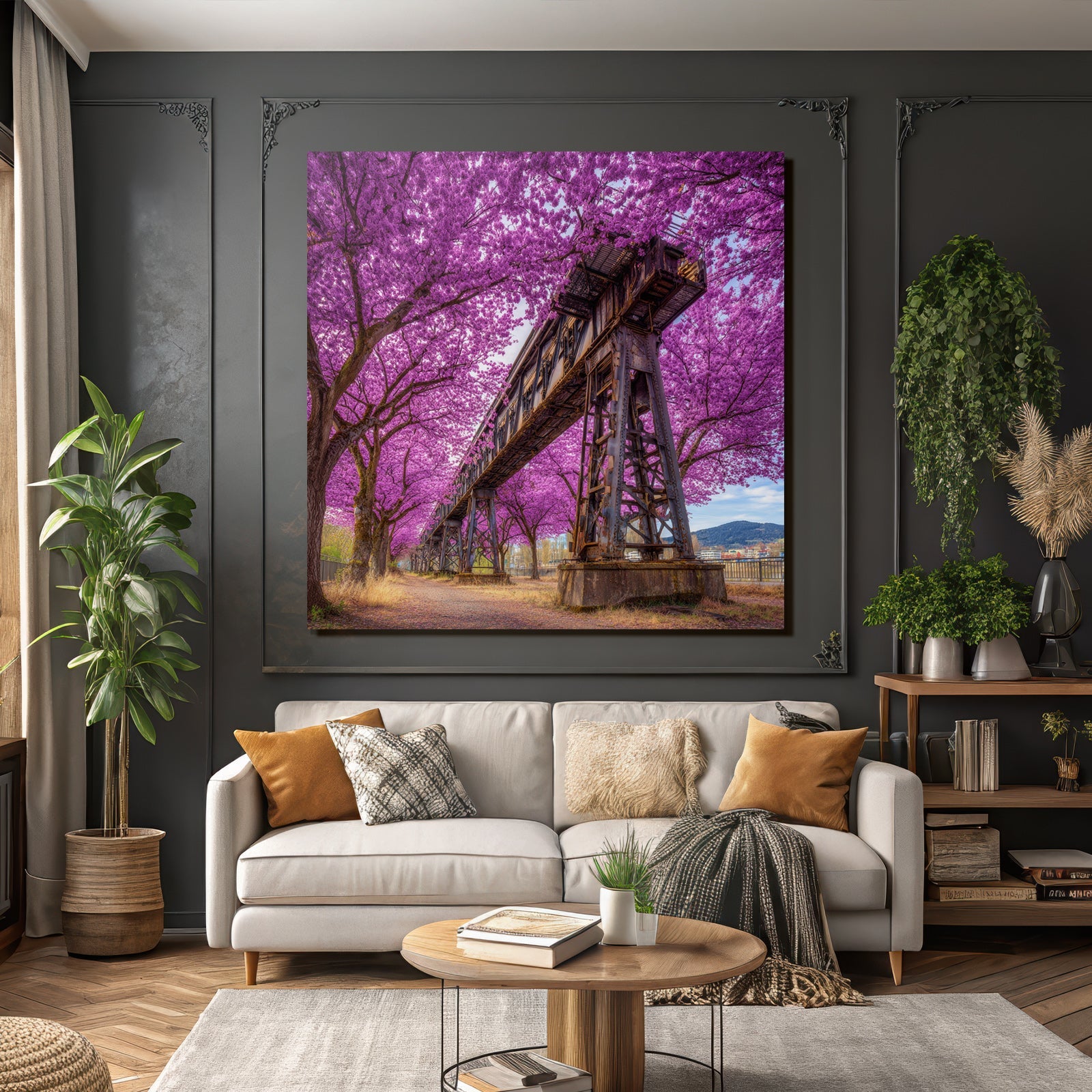 Blühende Bäume Und Alte Eisenbahnbrücke Im Frühling