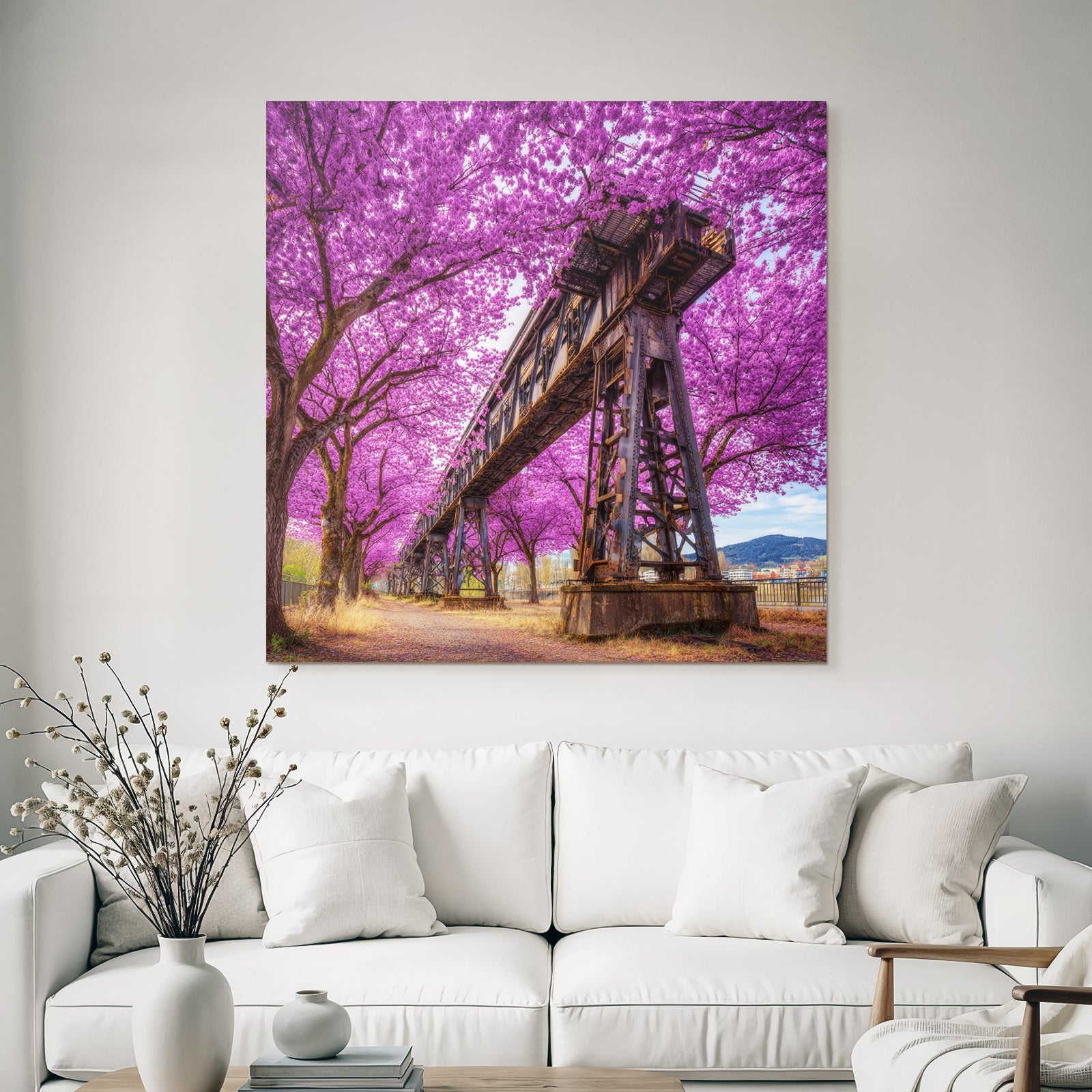 Blühende Bäume Und Alte Eisenbahnbrücke Im Frühling