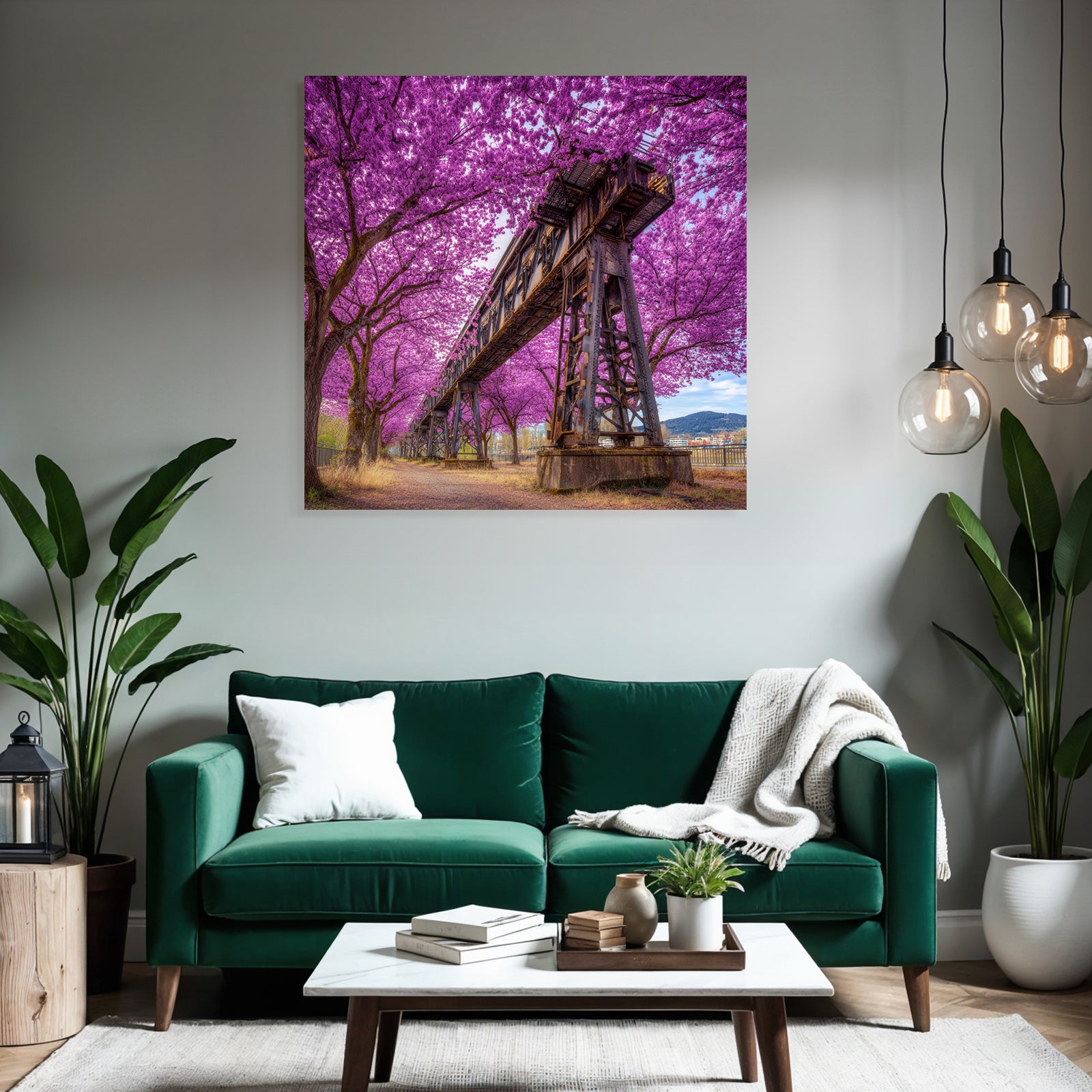 Blühende Bäume Und Alte Eisenbahnbrücke Im Frühling