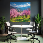 Blühende Kirschblüten Landschaft Im Feld Hügel Und Berge