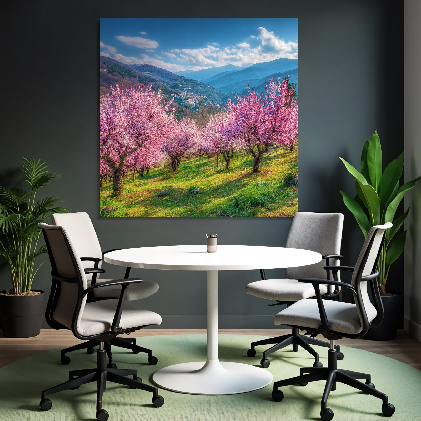 Blühende Kirschblüten Landschaft Im Feld Hügel Und Berge