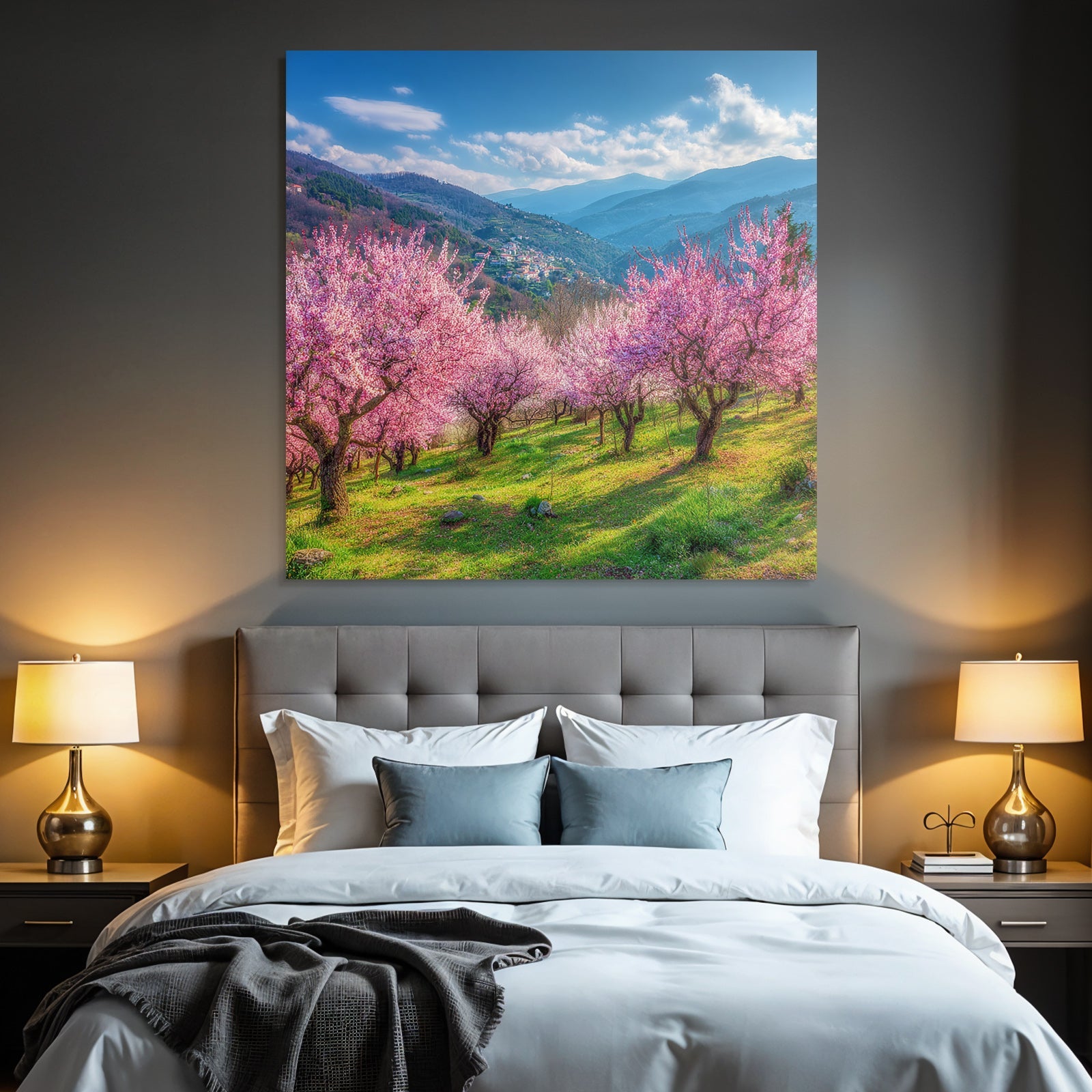 Blühende Kirschblüten Landschaft Im Feld Hügel Und Berge