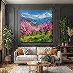 Blühende Kirschblüten Landschaft Im Feld Hügel Und Berge