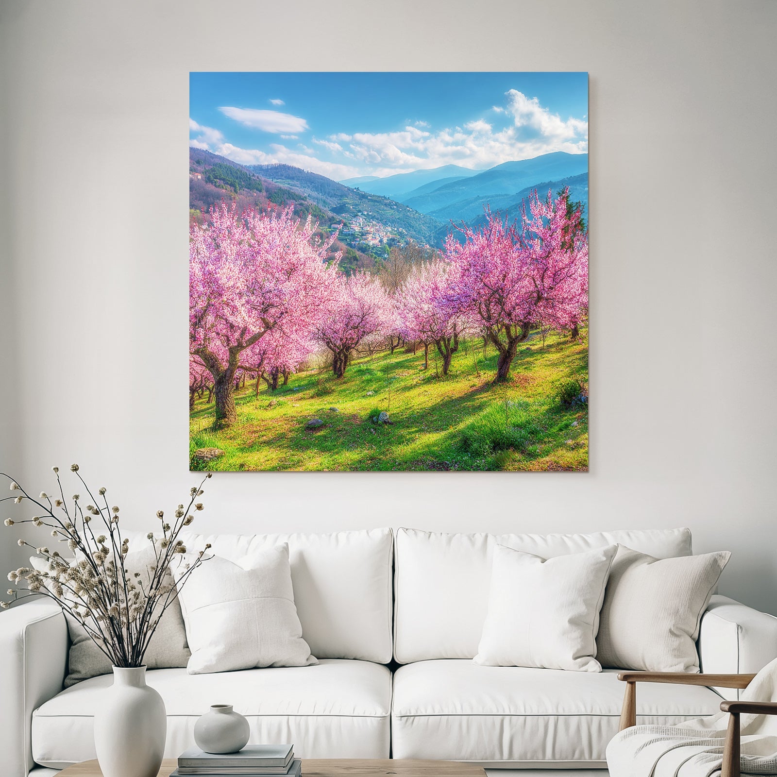 Blühende Kirschblüten Landschaft Im Feld Hügel Und Berge