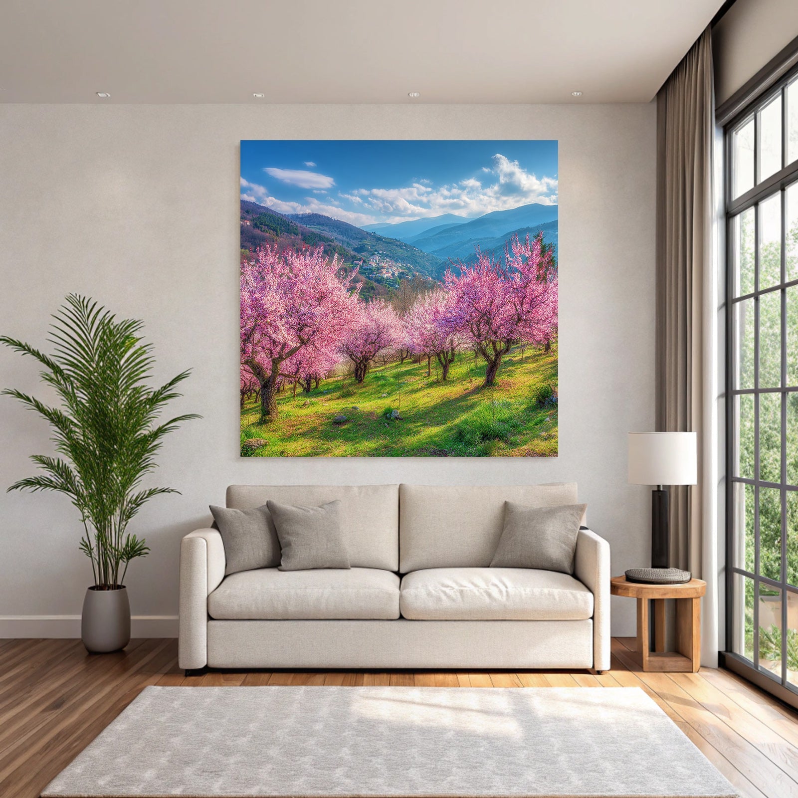 Blühende Kirschblüten Landschaft Im Feld Hügel Und Berge