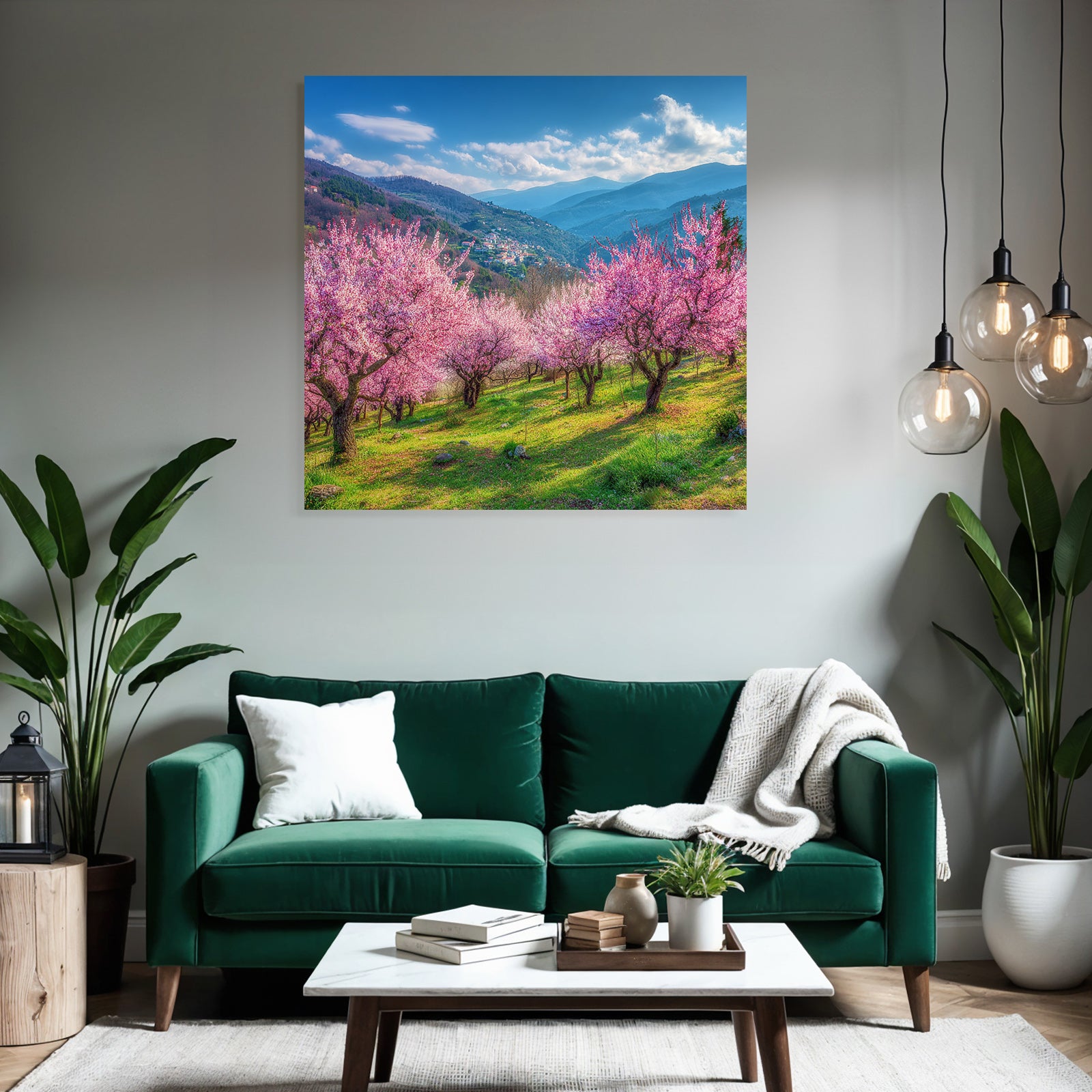 Blühende Kirschblüten Landschaft Im Feld Hügel Und Berge
