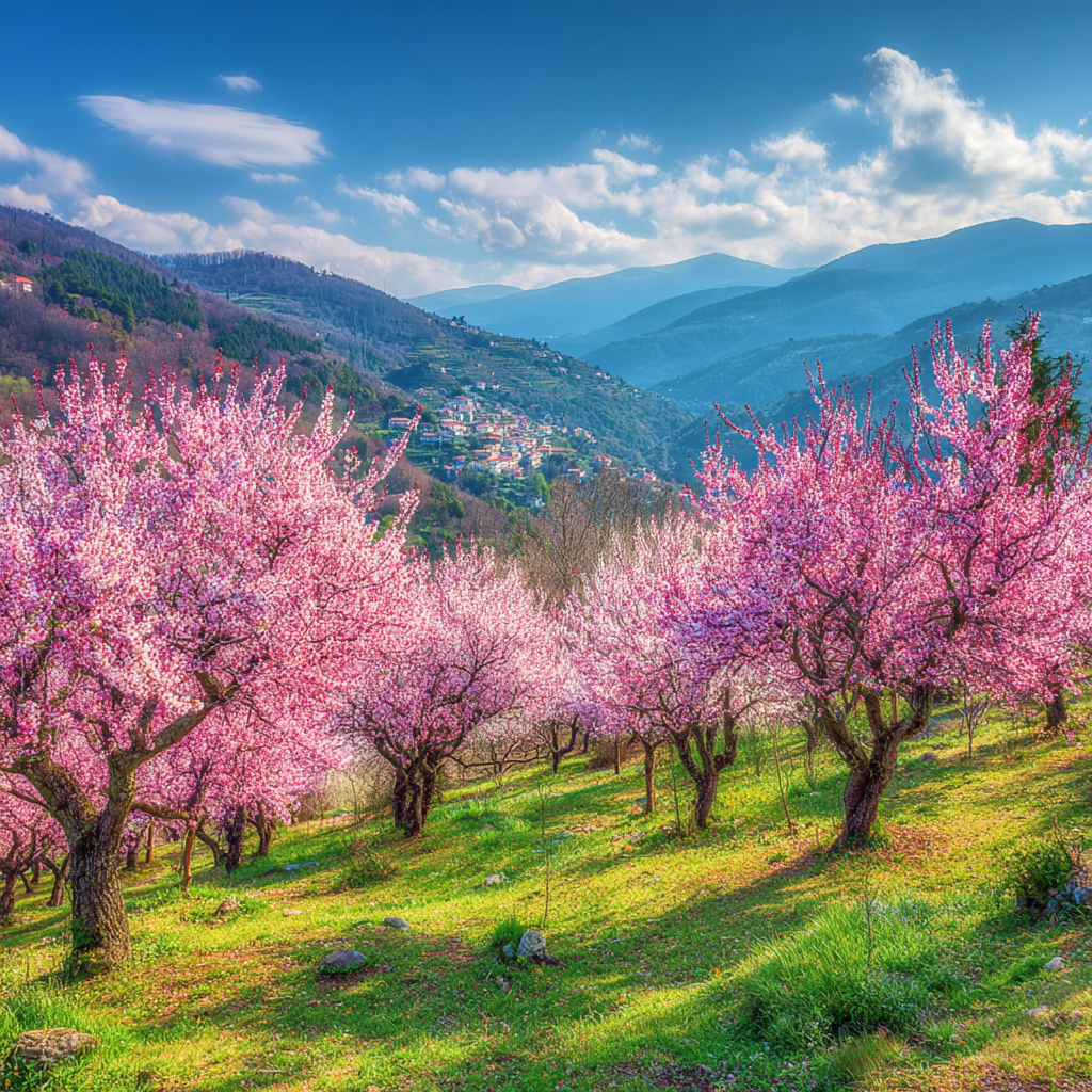 Blühende Kirschblüten Landschaft Im Feld Hügel Und Berge | Fruehling | Jahreszeiten