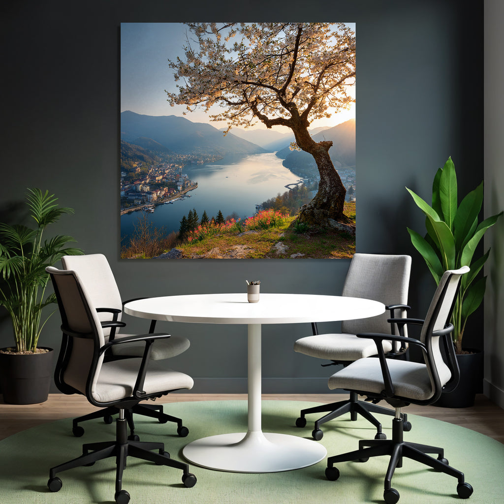 Blühender Baum Ruhiger Fluss Mit Bergen Sonnenuntergang Stadt Ansicht