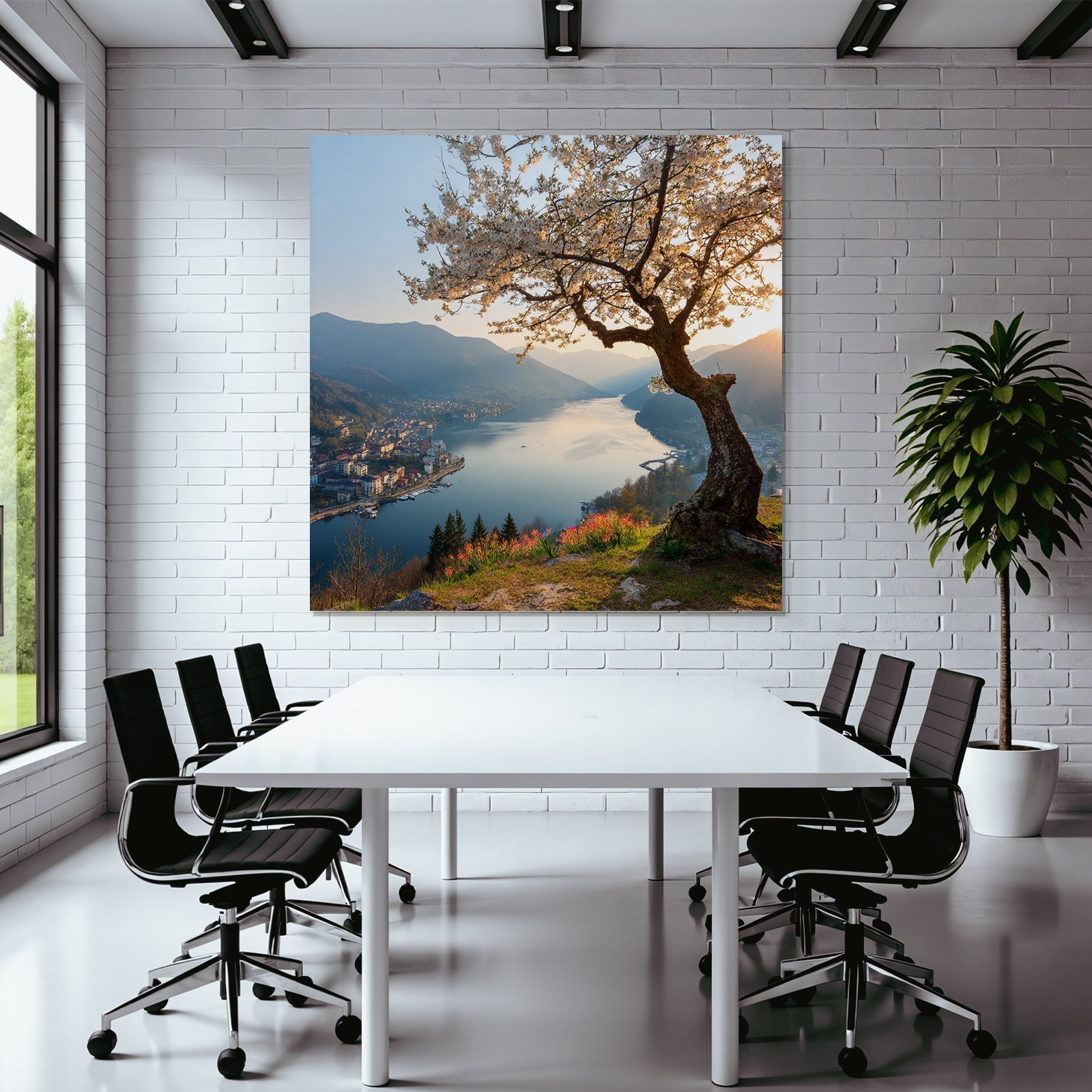 Blühender Baum Ruhiger Fluss Mit Bergen Sonnenuntergang Stadt Ansicht