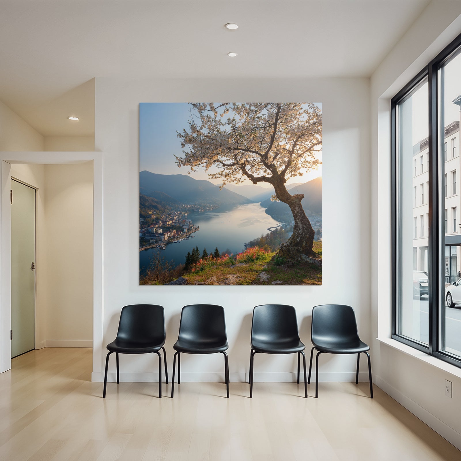 Blühender Baum Ruhiger Fluss Mit Bergen Sonnenuntergang Stadt Ansicht