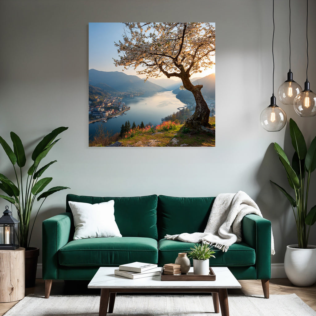 Blühender Baum Ruhiger Fluss Mit Bergen Sonnenuntergang Stadt Ansicht