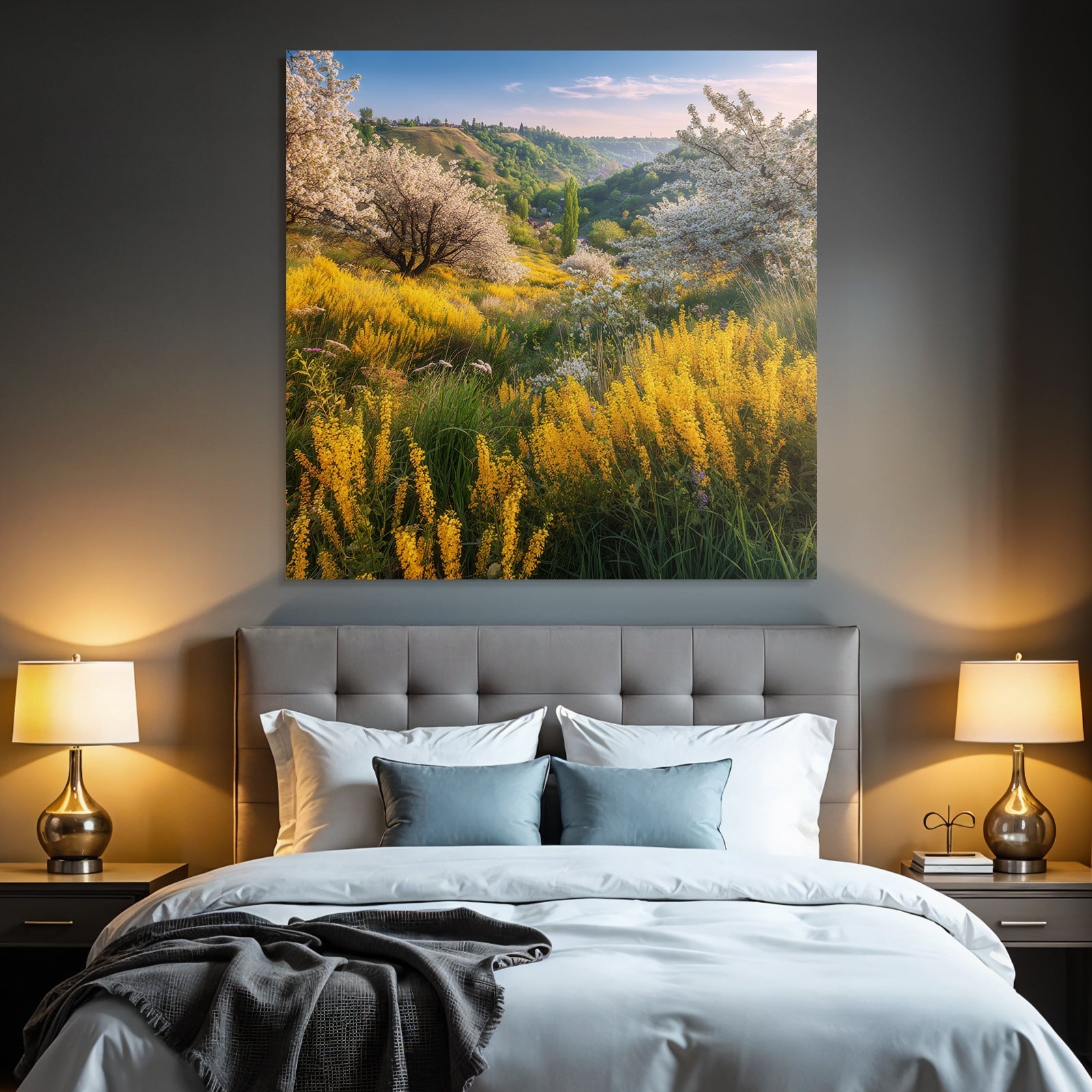 Blumenlandschaft Sommer Blaür Himmel Weisse Und Gelbe Blumen