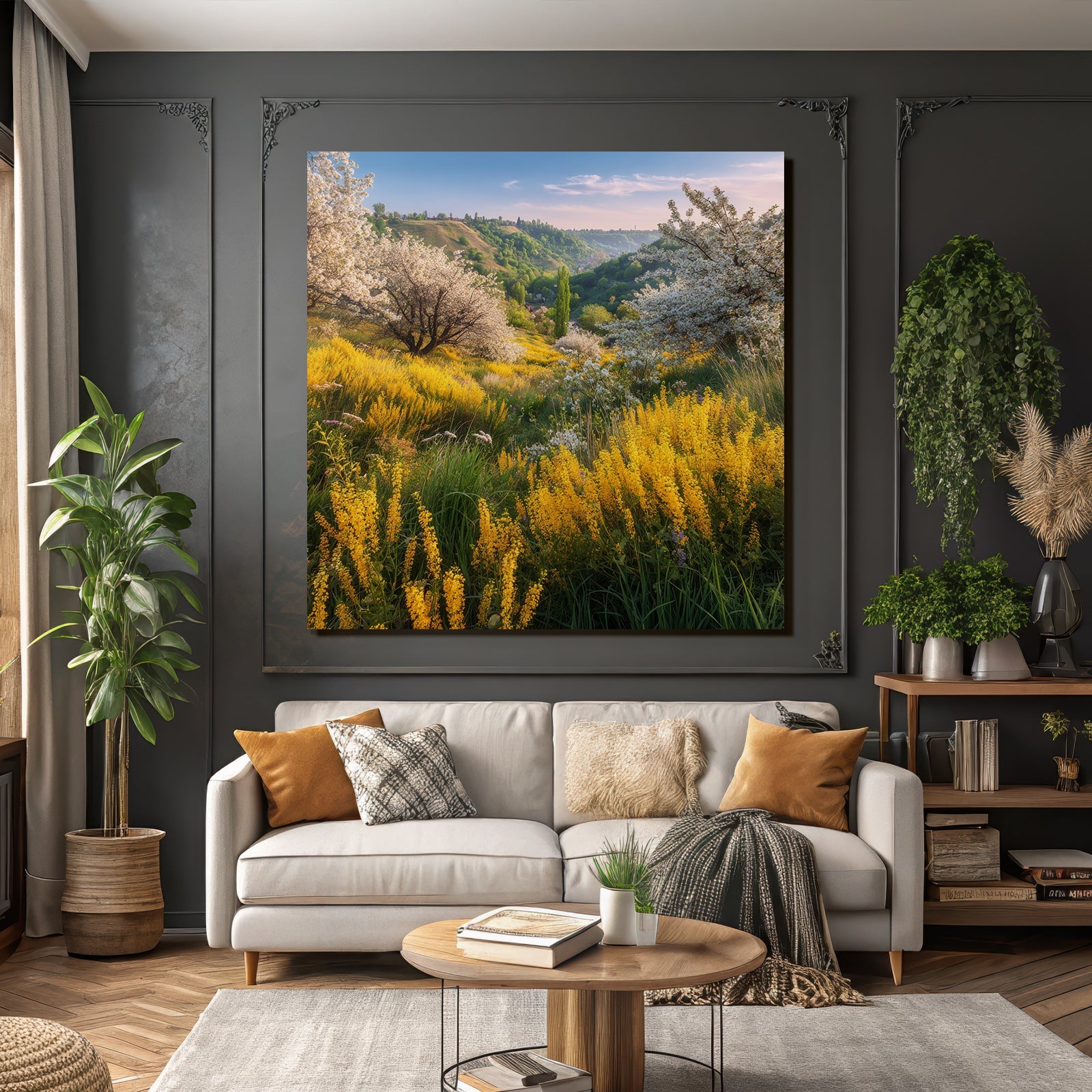Blumenlandschaft Sommer Blaür Himmel Weisse Und Gelbe Blumen