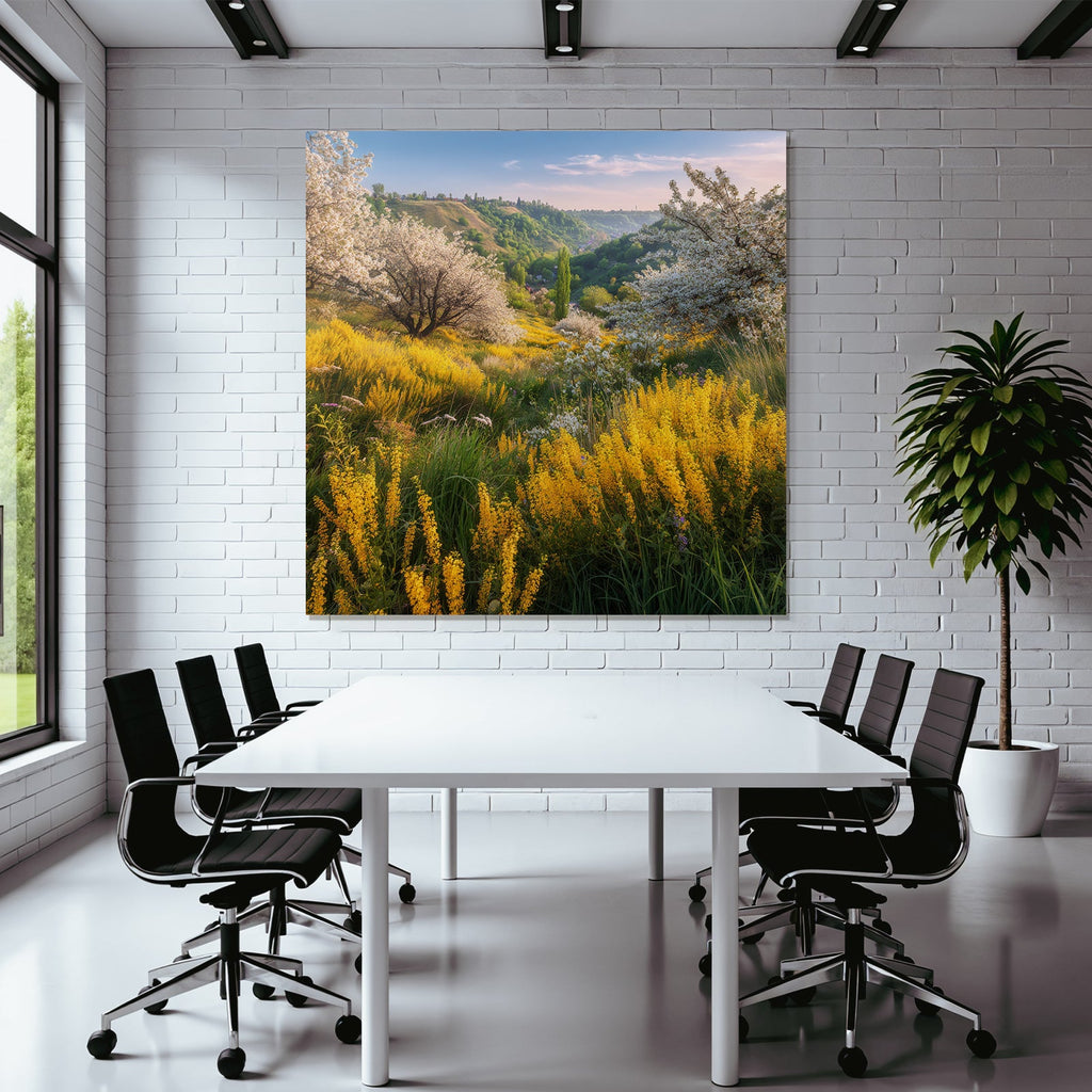 Blumenlandschaft Sommer Blaür Himmel Weisse Und Gelbe Blumen