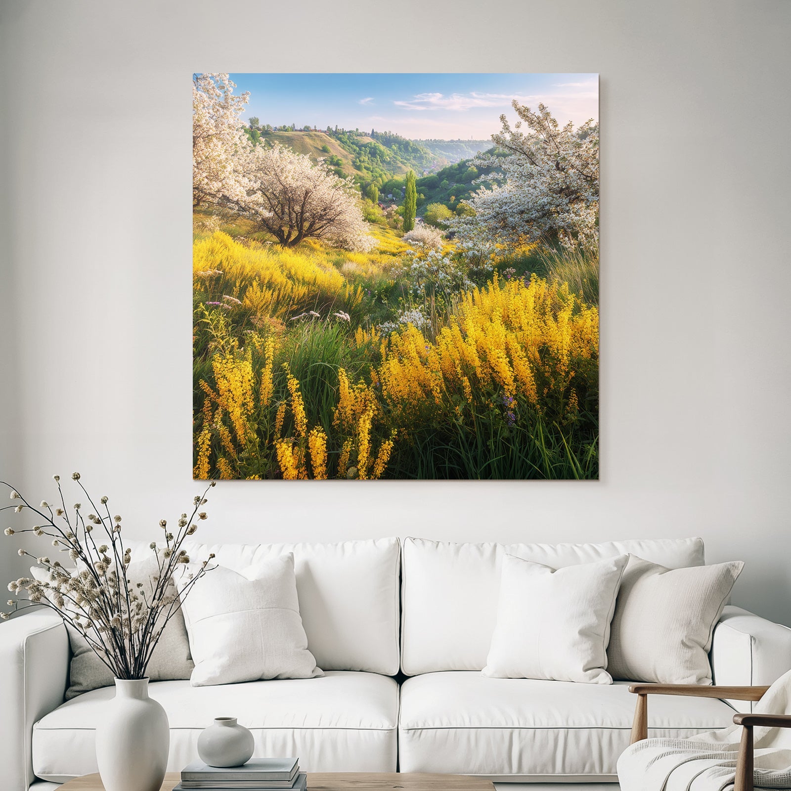 Blumenlandschaft Sommer Blaür Himmel Weisse Und Gelbe Blumen