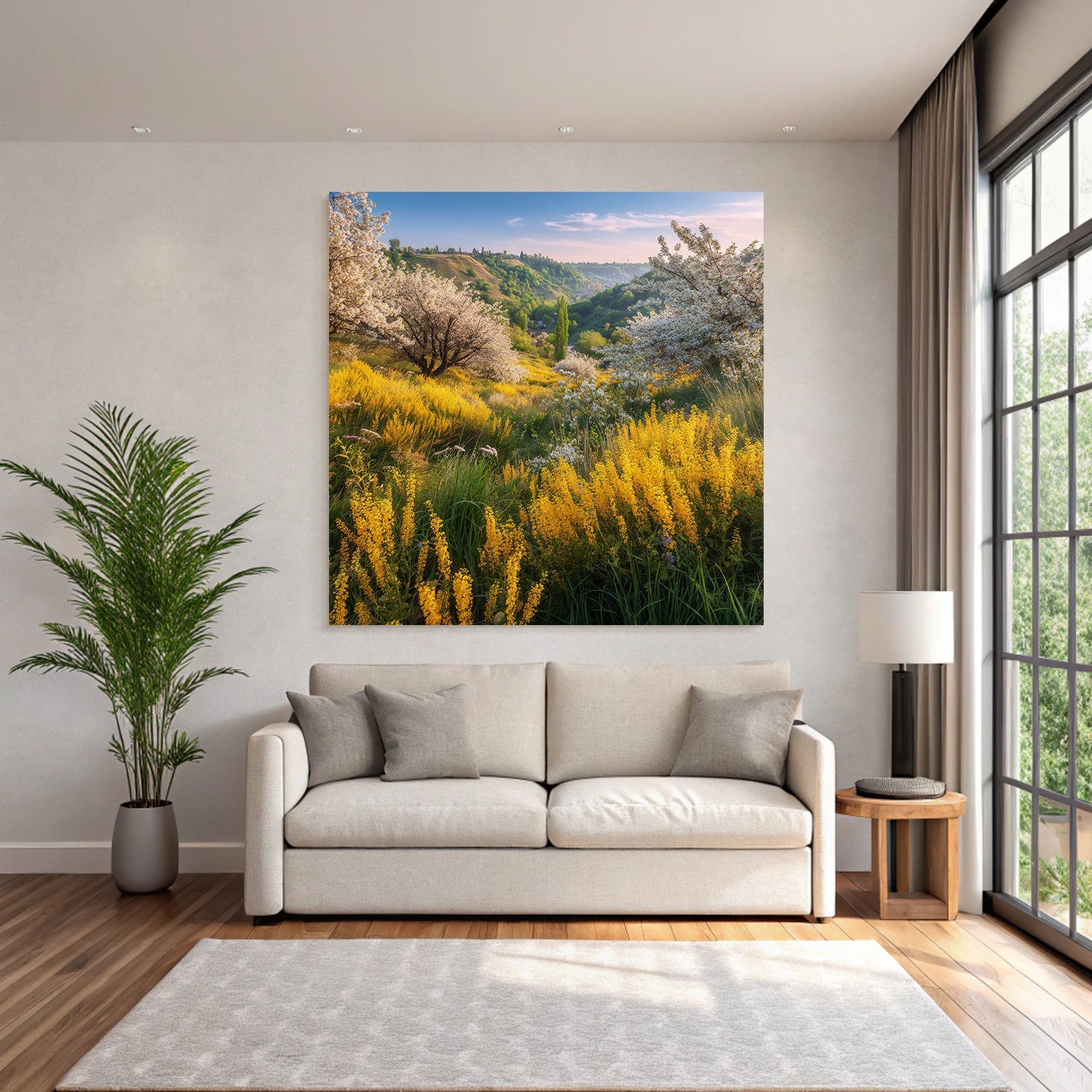 Blumenlandschaft Sommer Blaür Himmel Weisse Und Gelbe Blumen
