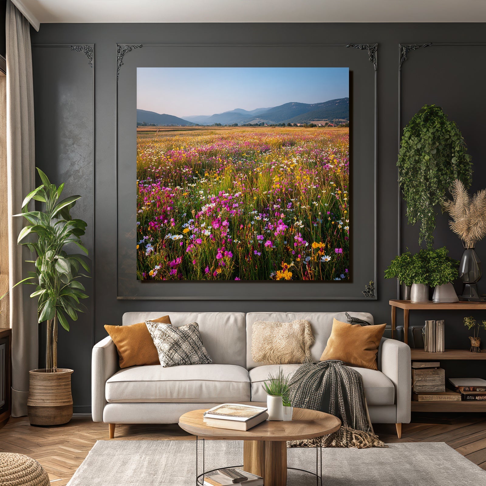 Blumige Wiese Mit Bergen Und Himmel