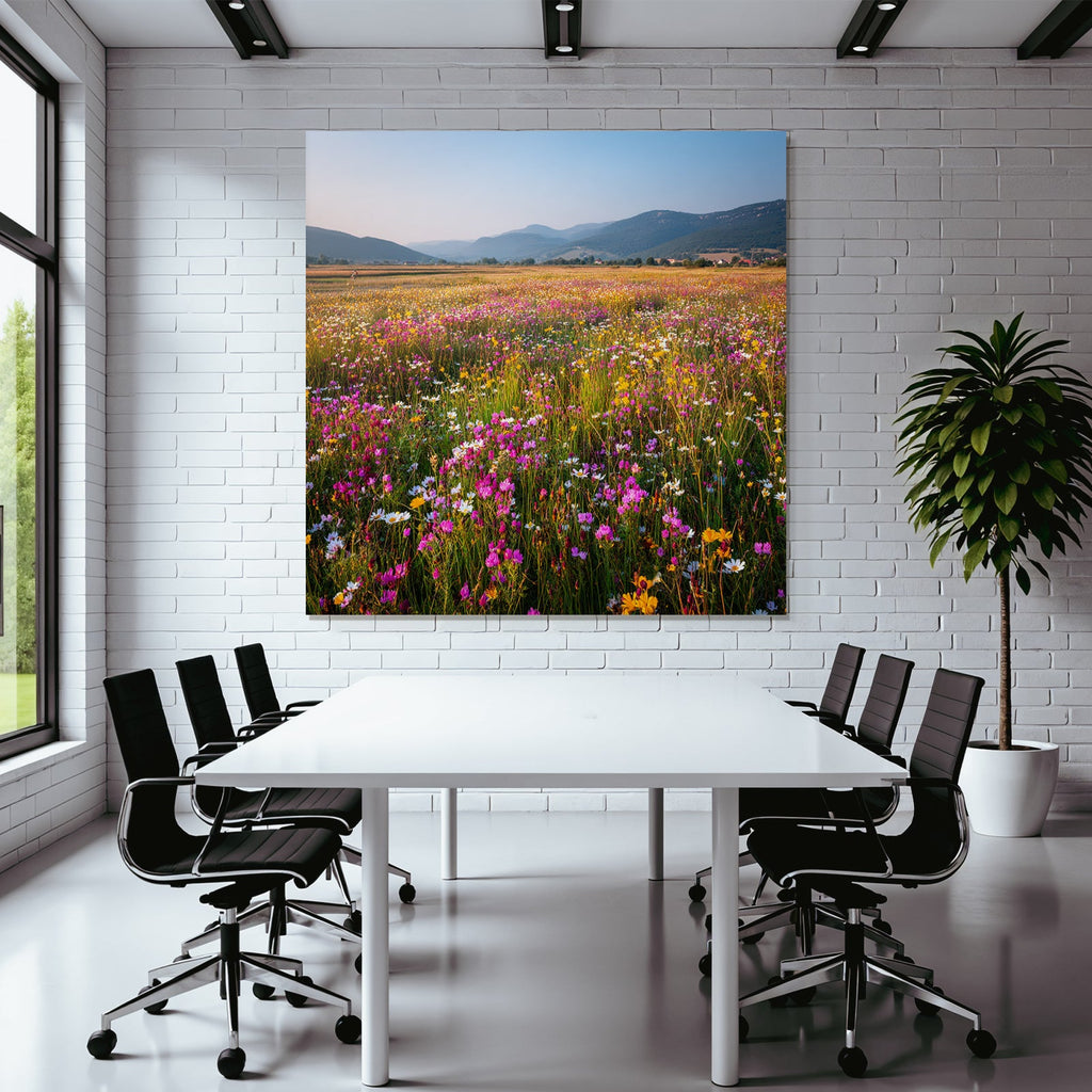 Blumige Wiese Mit Bergen Und Himmel
