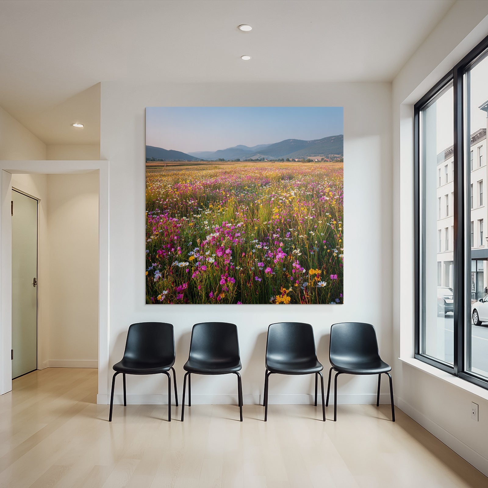 Blumige Wiese Mit Bergen Und Himmel