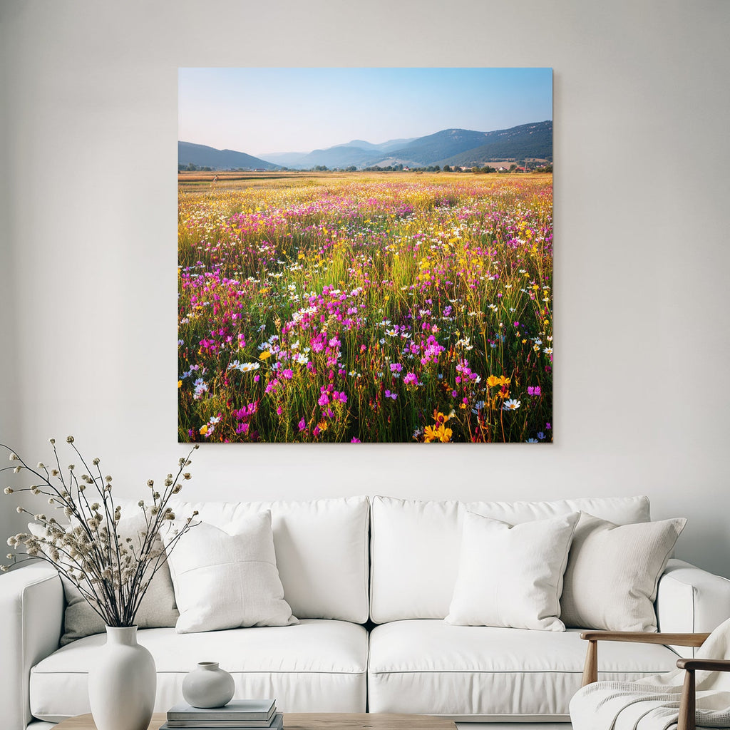 Blumige Wiese Mit Bergen Und Himmel